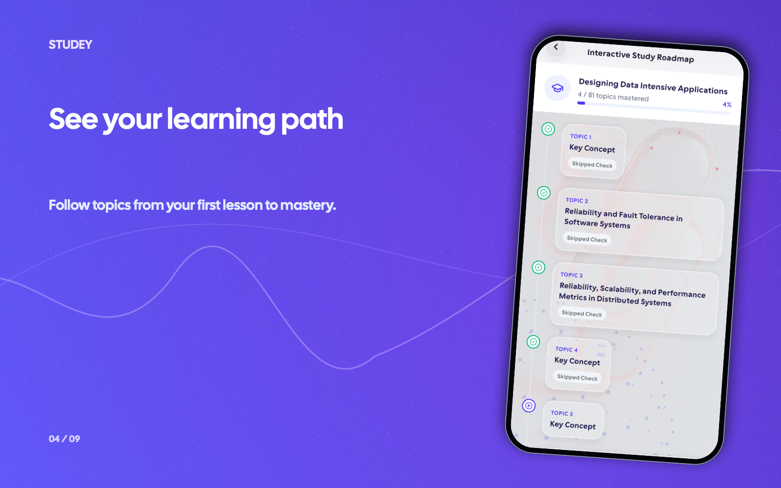 A Studey learning roadmap organizing a new subject into clear steps